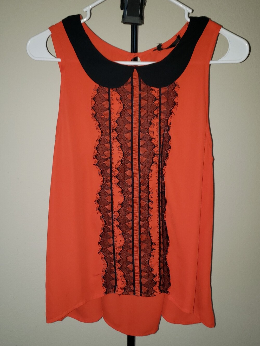 Papaya Orange Sleeveless Cami with Black Lace and Collar